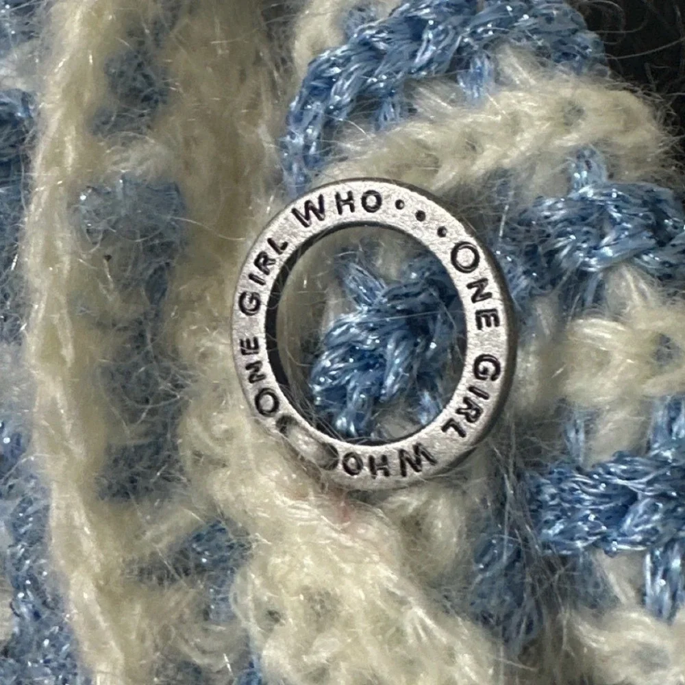 One Girl Who blue tweed cardigan mohair blend scallop metallic knit grandmacore